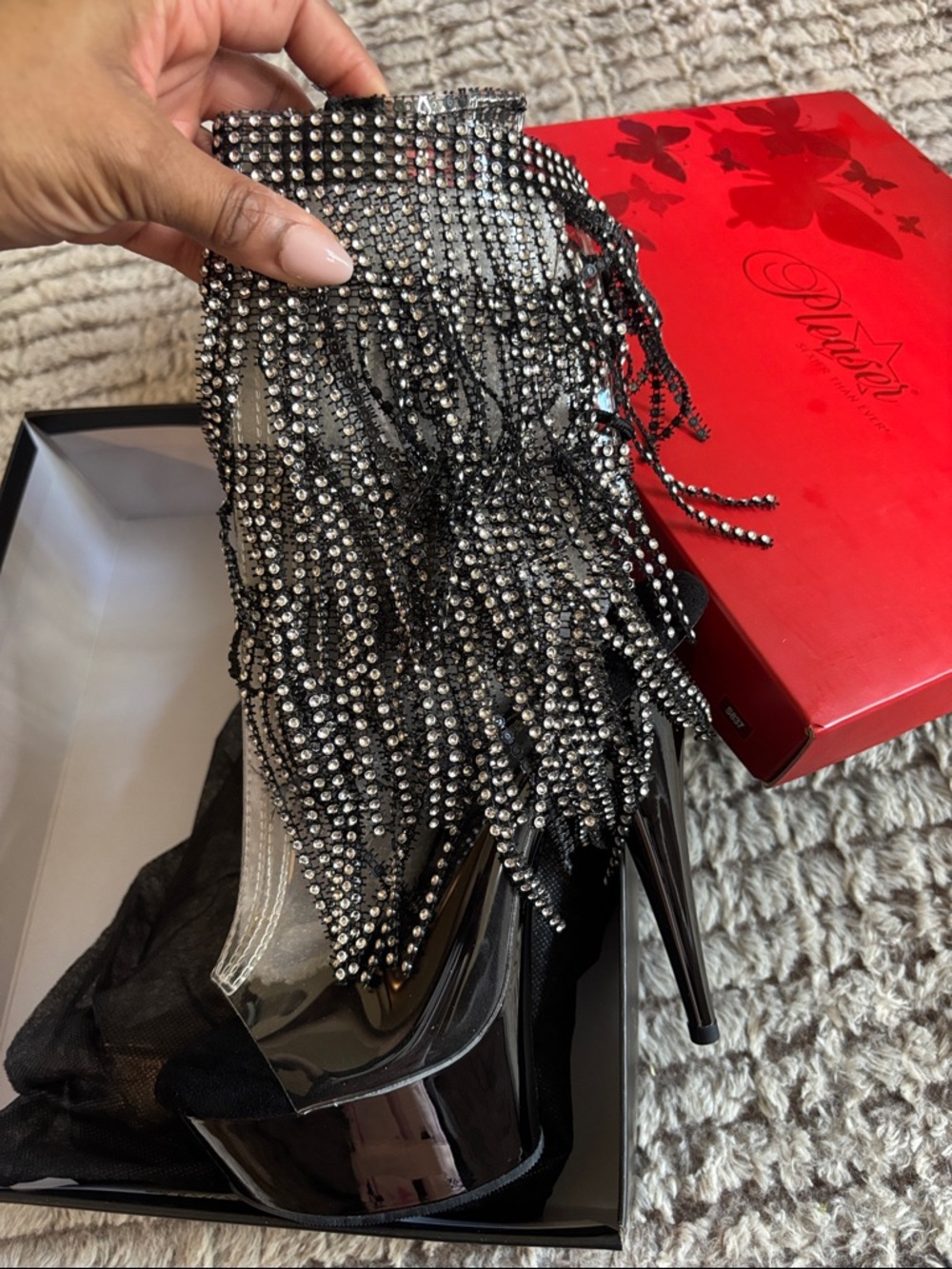 Pleaser Delight Platform Heels with Rhinestone Fringe — Pewter Chrome Sz 8 - Picture 2 of 2